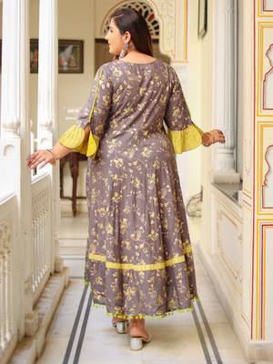 Plus Size Women'S Floral Printed Anarkali Kurti(Grey) 2