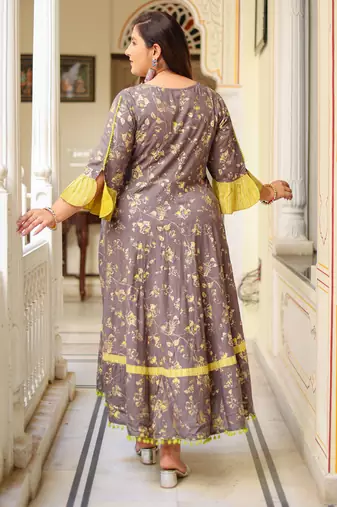 Plus Size Women'S Floral Printed Anarkali Kurti(Grey)