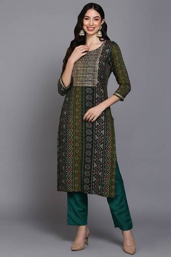 Women green printed rayon ethnic kurti