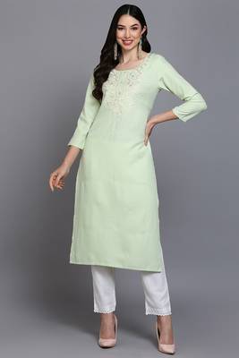 Women green embroidered cotton ethnic kurti 1