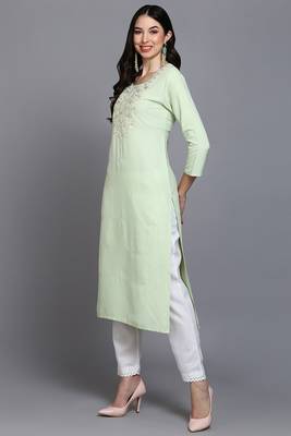 Women green embroidered cotton ethnic kurti 4