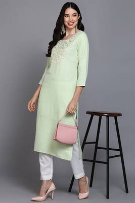 Women green embroidered cotton ethnic kurti 5