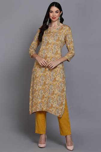 Women yellow printed rayon ethnic kurti