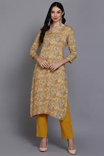 Women yellow printed rayon ethnic kurti