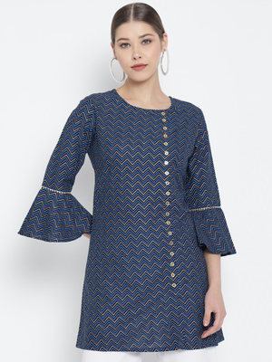 Women'S Zig Zag Printed Short Kurti (Blue) 1