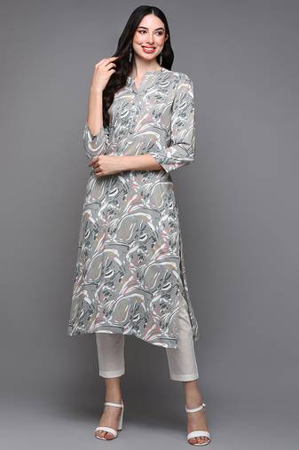 Women grey printed rayon ethnic kurti