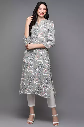 Women grey printed rayon ethnic kurti