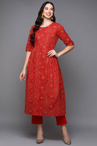 Women red printed cotton ethnic kurti