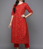 Women red printed cotton ethnic kurti