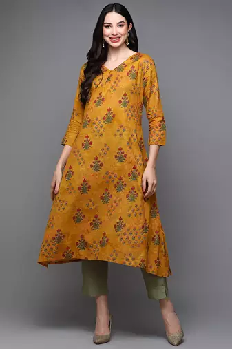 Women mustard printed cotton ethnic kurti