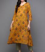 Women mustard printed cotton ethnic kurti