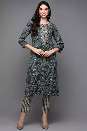 Women blue printed silk ethnic kurti