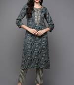 Women blue printed silk ethnic kurti