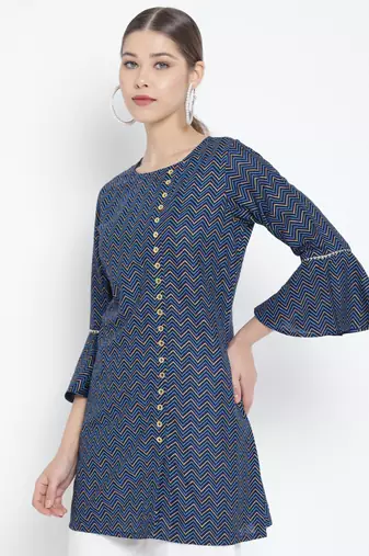 Women'S Zig Zag Printed Short Kurti (Blue)
