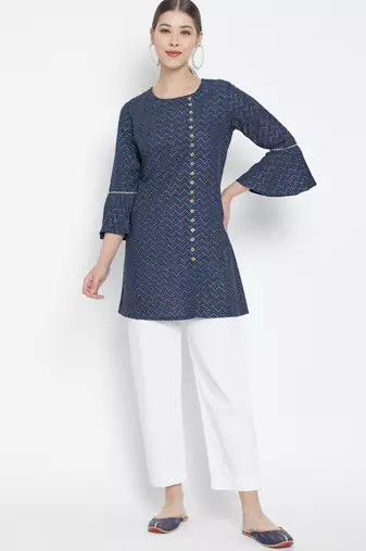 Women'S Zig Zag Printed Short Kurti (Blue)