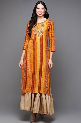 Women yellow printed rayon ethnic kurti