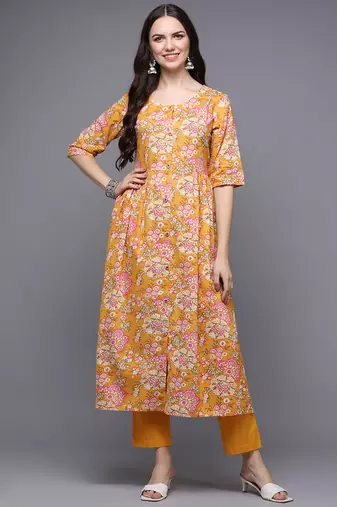 Women yellow printed cotton ethnic kurti