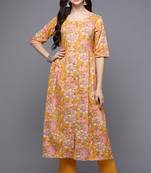 Women yellow printed cotton ethnic kurti