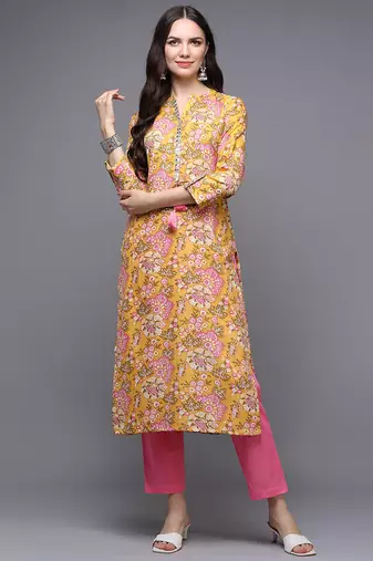 Women yellow printed cotton ethnic kurti