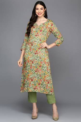 Women green printed rayon ethnic kurti