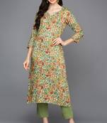 Women green printed rayon ethnic kurti