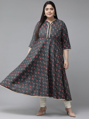 Women'S Plus Size Floral Printed Anarkali Kurti (Grey) 1