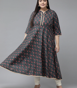 Women'S Plus Size Floral Printed Anarkali Kurti (Grey)
