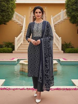 women navy blue rayon bandhani printed straight kurta trousers with dupatta 1