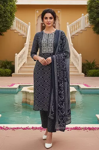 women navy blue rayon bandhani printed straight kurta trousers with dupatta