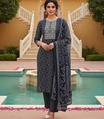 women navy blue rayon bandhani printed straight kurta trousers with dupatta