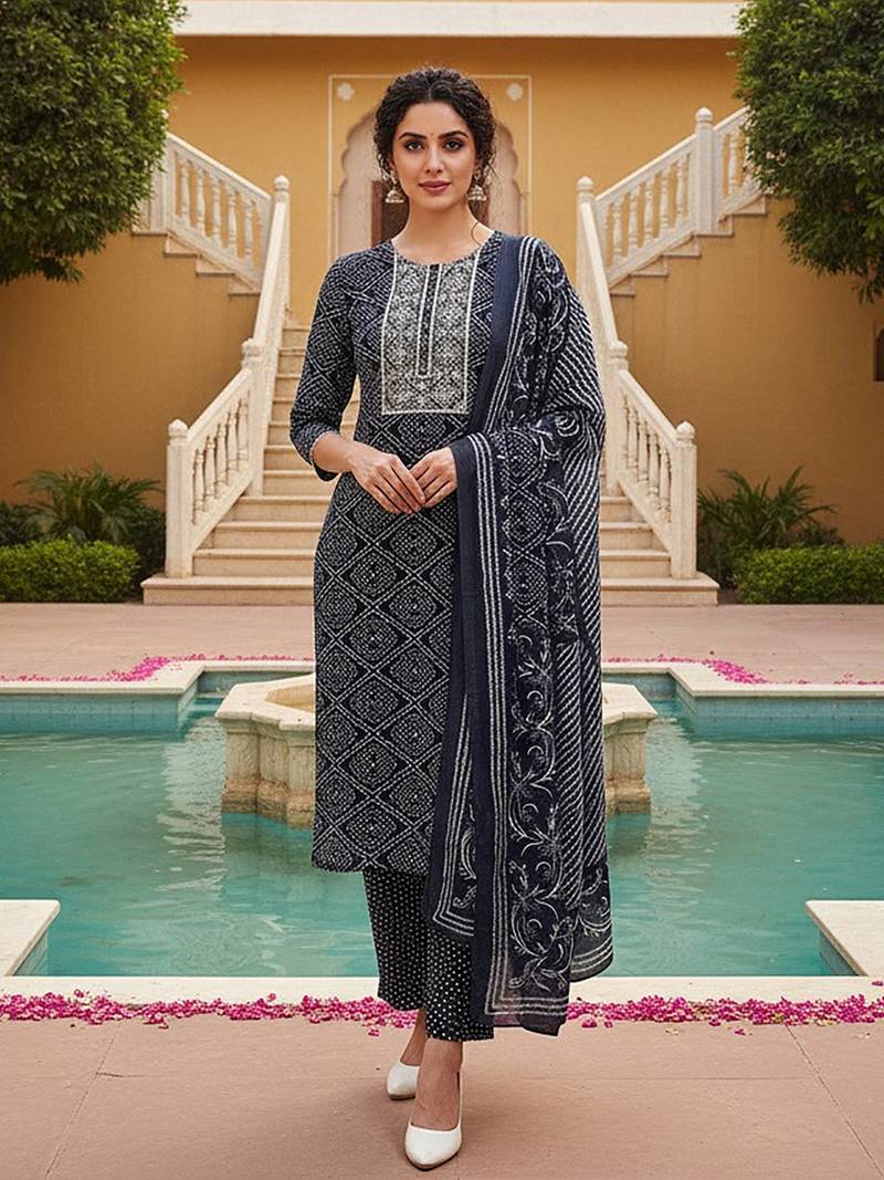 women navy blue rayon bandhani printed straight kurta trousers with dupatta