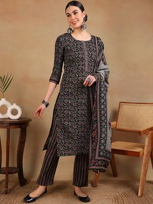 women black rayon blend floral embroidered straight kurta trousers with dupatta 1