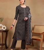 women black rayon blend floral embroidered straight kurta trousers with dupatta