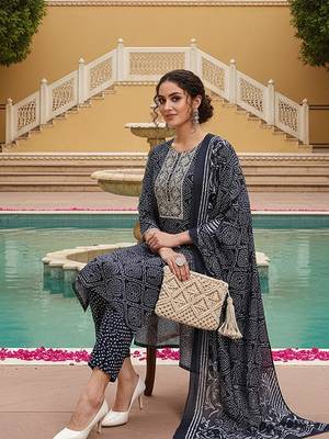 women navy blue rayon bandhani printed straight kurta trousers with dupatta 2