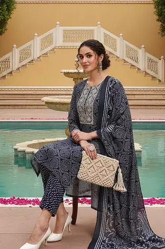 women navy blue rayon bandhani printed straight kurta trousers with dupatta