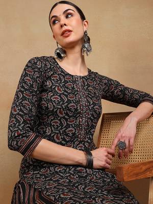 women black rayon blend floral embroidered straight kurta trousers with dupatta 2