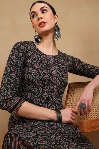 women black rayon blend floral embroidered straight kurta trousers with dupatta