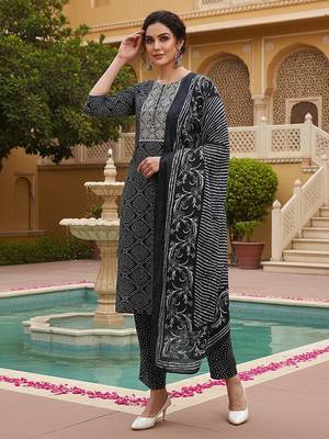 women navy blue rayon bandhani printed straight kurta trousers with dupatta 3