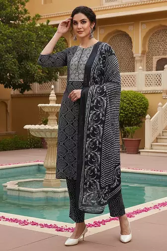 women navy blue rayon bandhani printed straight kurta trousers with dupatta