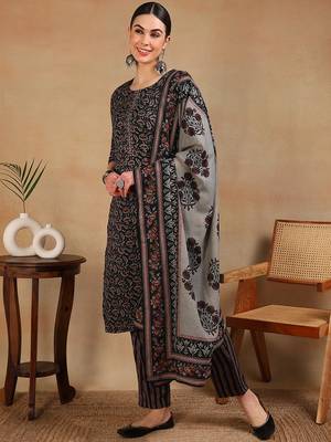 women black rayon blend floral embroidered straight kurta trousers with dupatta 3