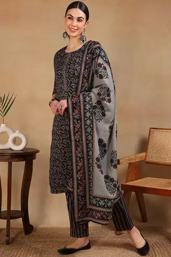 women black rayon blend floral embroidered straight kurta trousers with dupatta