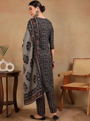 women black rayon blend floral embroidered straight kurta trousers with dupatta 4