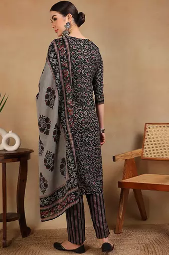 women black rayon blend floral embroidered straight kurta trousers with dupatta