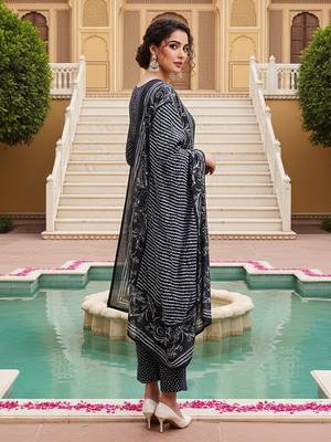 women navy blue rayon bandhani printed straight kurta trousers with dupatta 4