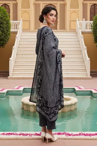 women navy blue rayon bandhani printed straight kurta trousers with dupatta