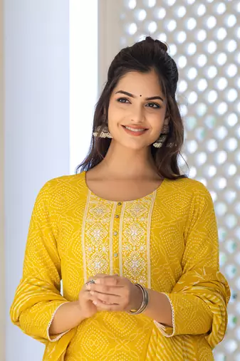 Bright Yellow Rayon Printed Cotton Kurta Set with Dupatta