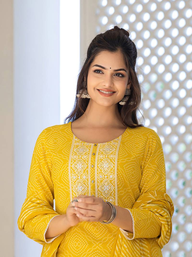 Bright Yellow Rayon Printed Cotton Kurta Set with Dupatta