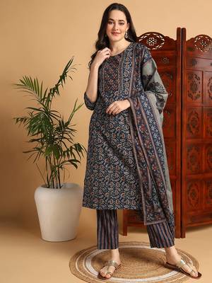 women blue pure cotton floral printed straight kurta trousers with dupatta 1