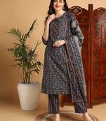 women blue pure cotton floral printed straight kurta trousers with dupatta