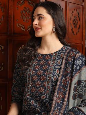 women blue pure cotton floral printed straight kurta trousers with dupatta 2